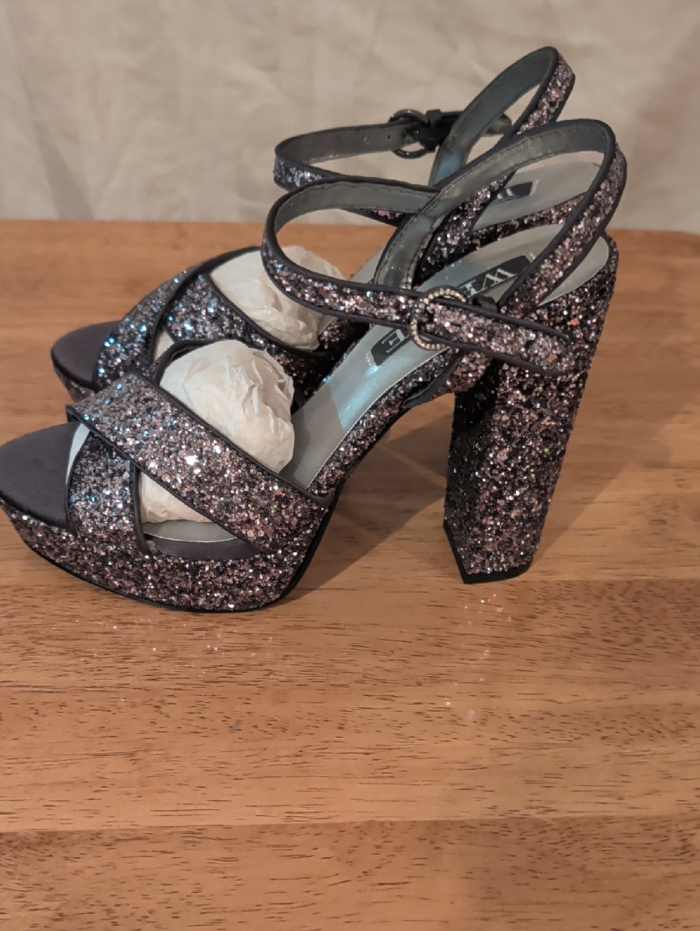 David's Bridal Glitter Platform Block Heels - Purple and Silver